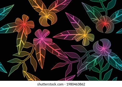 colored rainbow exotic flowers and leaves on black background, seamless vector pattern