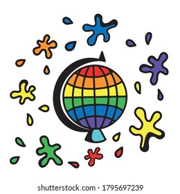 Colored rainbow globe icon and blots around it. LGBT people of color on the globe. Vector flat illustration in the Doodle style.