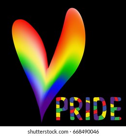 Colored rainbow heart and handwritten text Pride.  Original symbol for gay parade. Vector design
