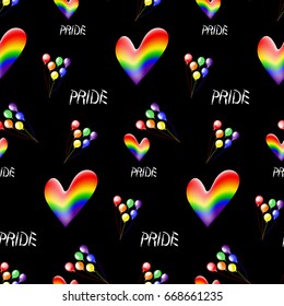 Colored rainbow hearts and  text Pride. Seamless pattern on the theme of gay parade, vector design