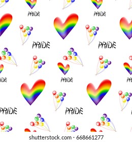 Colored rainbow hearts and  text Pride. Seamless pattern on the theme of gay parade, vector design
