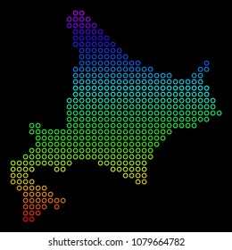 Colored Rainbow Hokkaido Island Map. Vector geographic map in bright spectrum colors with vertical gradient on a black background. Color vector collage of Hokkaido Island Map created of circle dots.