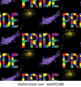 Colored rainbow letters of the handwritten text Pride. Seamless pattern on the theme of LGBT parade, vector design