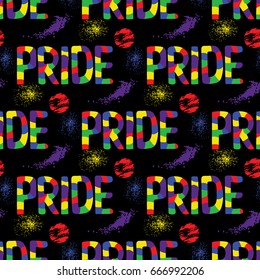 Colored rainbow letters of the handwritten text Pride. Seamless pattern on the theme of LGBT parade, vector design