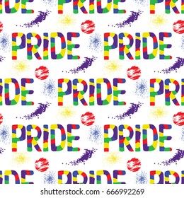 Colored rainbow letters of the handwritten text Pride. Seamless pattern on the theme of LGBT parade, vector design