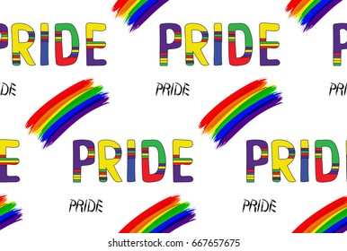 Colored rainbow letters of the handwritten text Pride. Seamless pattern on the theme of LGBT parade, vector design