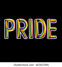 Colored rainbow letters of the handwritten text Pride.   Original symbol for gay parade. Vector design. 