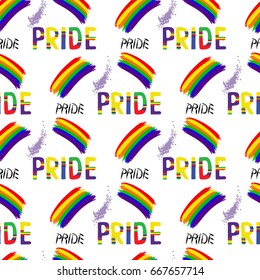 Colored rainbow letters of the handwritten text Pride. Seamless pattern on the theme of LGBT parade, vector design