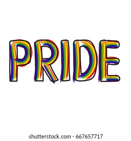 Colored rainbow letters of the handwritten text Pride.   Original symbol for gay parade. Vector design. 
