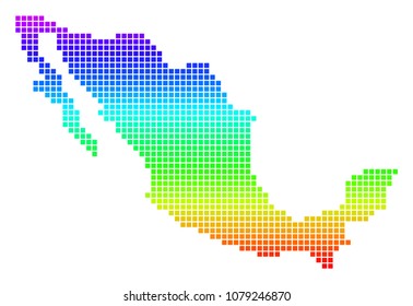 Colored Rainbow Pixel Mexico Map. Vector geographic map in bright spectrum colors with vertical gradient. Bright vector collage of Mexico Map combined of rounded rectangle cells.
