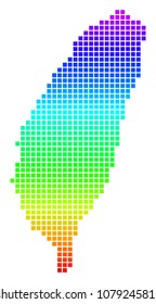 Colored Rainbow Pixel Taiwan Island Map. Vector geographic map in bright spectrum colors with vertical gradient. Color vector composition of Taiwan Island Map combined of rounded square particles.