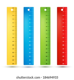 Colored rainbow plastic rulers. Vector illustration set.