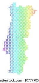 Colored Rainbow Portugal Map. Vector geographic map in bright spectral color tinges with horizontal gradient. Colorful vector mosaic of Portugal Map combined of regular small circles.
