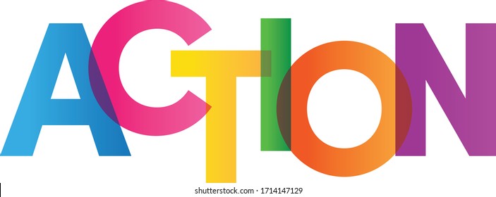 Colored rainbow text. The word Action. Vector banner. Corporate concept. Gradient Text. Transparency Letters