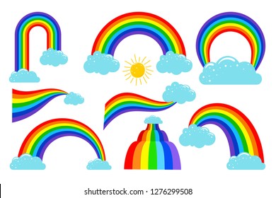 Colored rainbows with clouds collection. Rainbow in sky, weather cloud, vector illustration