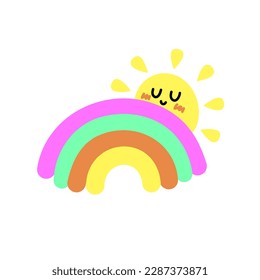Colored rainbows with clouds and sun. Cartoon illustration isolated on white background. 