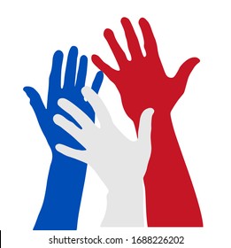 colored raising hands as France Flag symbol. The concept a help for France. The concept of big problems because of the coronavirus pandemic in France.
