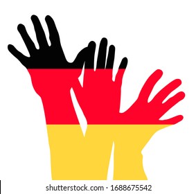 colored raising hands as Germany Flag symbol. The concept a help for Germany. The concept of big problems because of the coronavirus pandemic in Germany.