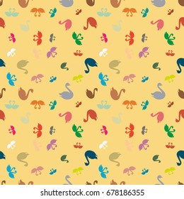 Colored random seamless pattern with birds swan.