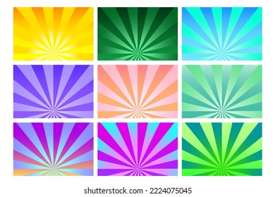 colored rays backgrounds. Geometric pattern. Explosion effect. Light effect set. Cartoon style. Vector illustration. stock image.