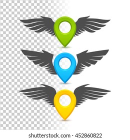 Colored realistic 3D map pin pointer icons with wings.  Isolated on a white transparent background. Vector illustration.