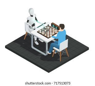 Colored realistic artificial intelligence isometric composition robot playing chess with a man vector illustration