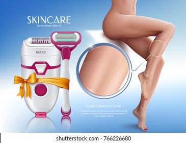 Colored and realistic banner with depilation by electric epilator and razor. hair removal on the body. Composition with woman figure with beautiful legs and tools for depilation. Vector illustration