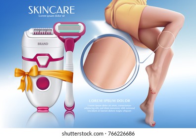 Banner coloreado y realista con depilación por epilador eléctrico y cuchilla de afeitar. depilación en el cuerpo. Composición con figura femenina en la toalla con bellas piernas y herramientas para la depilación.