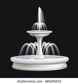 Colored and realistic big fountains isolated composition in white color with water vector illustration