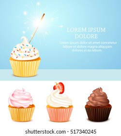 Colored realistic birthday card with some isolated cupcakes and bengal light on light blue background vector illustration