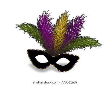 Colored realistic black color mask bead necklace feather. Isolated white background. Mardi Gras - Fat Tuesday carnival carnival in a French-speaking country. Vector illustration.