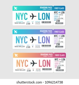 Colored realistic boarding pass composition with information about passenger. Vector stock illustration. 