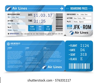 Composición de tarjeta de embarque realista coloreada con información sobre el pasajero en la parte delantera y la ilustración del vector posterior