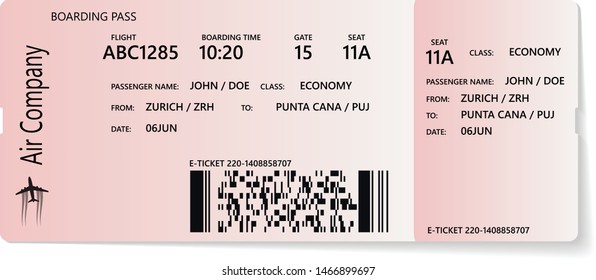 Colored and realistic boarding pass ticket with unreal name of airline company time and unreal name on ticket. Travel by airplane concept