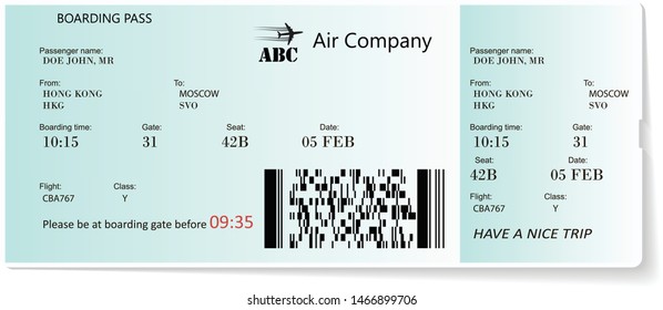 Colored and realistic boarding pass ticket with unreal name of airline company time and unreal name on ticket. Travel by airplane concept