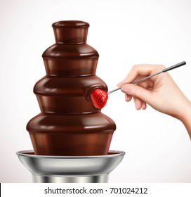 Colored realistic with dip strawberry into chocolate fountain composition or chocolate fondue vector illustration