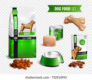 Colored realistic dog food transparent icon set with different types of food wet and dry vector illustration