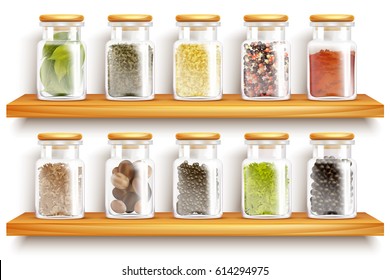 Colored and realistic glasses jars with herbs spices set composition on wooden shelves vector Illustration