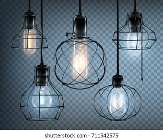 Icono de luces de estilo loft realistas coloreadas con bombillas de luz brillantes en ilustración vectorial transparente