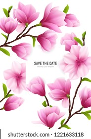 Colored Realistic Magnolia Flower Frame With Save The Date Headline And Delicate Pink Flowers Vector Illustration