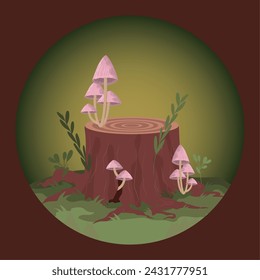 Colored realistic mushroom on log Vector illustration