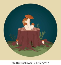 Colored realistic mushroom on log Vector illustration