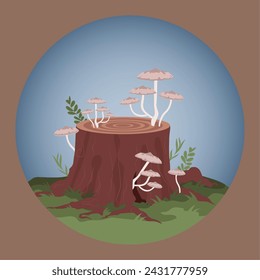 Colored realistic mushroom on log Vector illustration