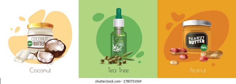 Colored Realistic Oil Product Design Concept With Coconut Tea Tree And Peanut Bottles Of Oil Vector Illustration