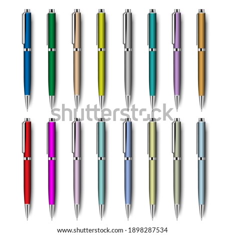 Colored realistic pens isolated on white background, big set.Vector elements of corporate identity, branding stationery templates. Mockup ready for design