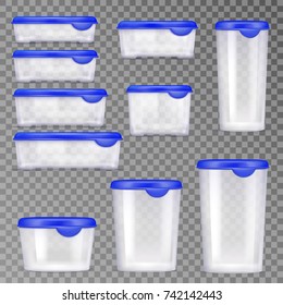 Colored and realistic plastic food containers icon set with blue cap on transparent background vector illustration