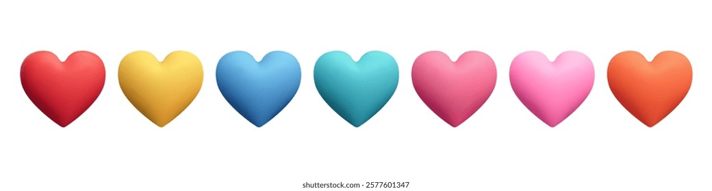 Colored realistic plasticine hearts, 3D vector icon on white background.