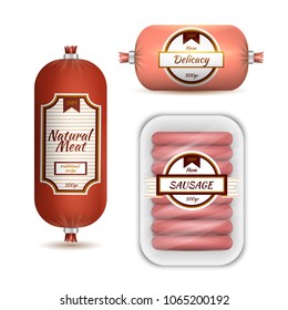 Colored realistic set of package identity meet products sausages and delicacy on white background isolated vector illustration