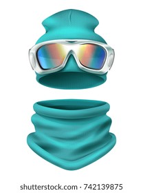 Colored and realistic ski suit composition with sports cap and face protection vector illustration