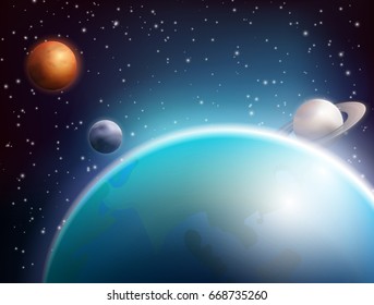 Colored realistic space background with planets in the infinite space of the cosmos vector illustration
